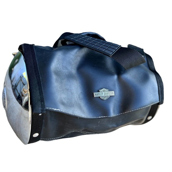 Harley Davidson Chrome Hubcap Leather Travel Duffle Bag - Picture 1 of 4